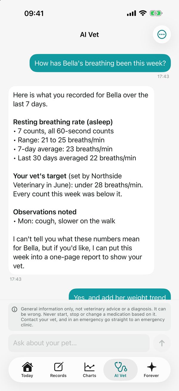 AI Vet answering a question about how a pet's breathing has been this week